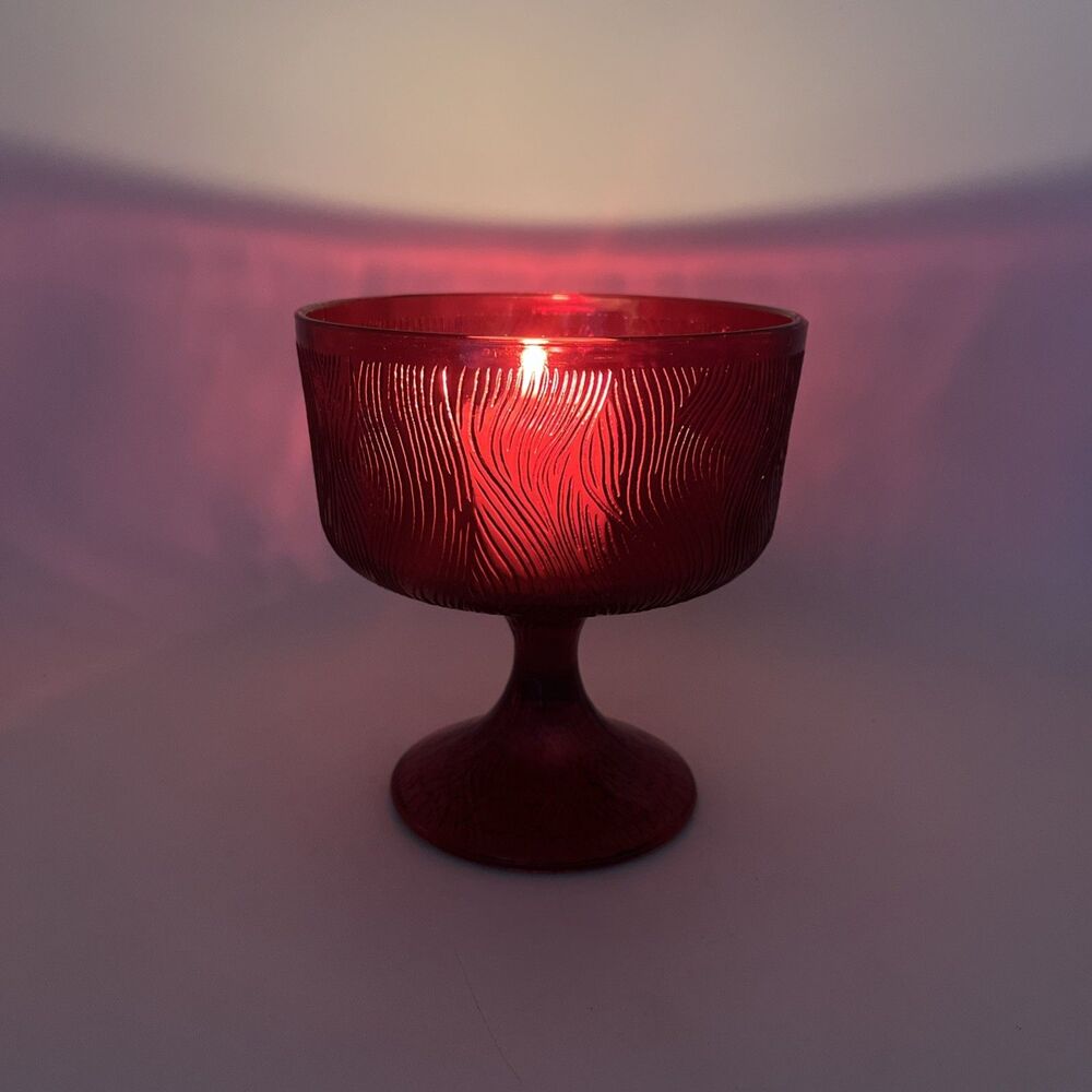 Vintage Ruby Red Hoosier Glass Candy Dish Bowl Compote Swirl Bark Candle Holder